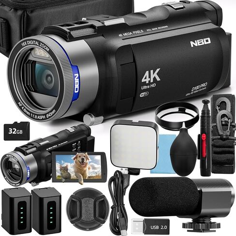 NBD 4K Video Camera Camcorder Ultra 48MP Vlogging Camera for YouTube,16X Digital Zoom Camcorder 3.0" IPS 270° Flip Screen with Mic,Fill Light,2 Batteries and 32G TF Card(Black) in Saudi Arabia
