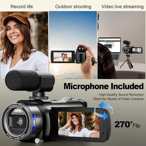 NBD 4K Video Camera Camcorder Ultra 48MP Vlogging Camera for YouTube,16X Digital Zoom Camcorder 3.0" IPS 270° Flip Screen with Mic,Fill Light,2 Batteries and 32G TF Card(Black) in Saudi Arabia
