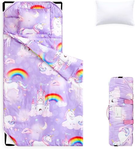 Wake In Cloud - Cot Nap Mat with Pillow and Blanket, for Toddler Kids Girls in Daycare Kindergarten Preschool Pre K with Elastic Corner Straps, Colorful Unicorn Castle Rainbow in Saudi Arabia