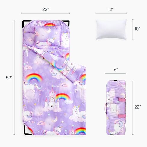 Wake In Cloud - Cot Nap Mat with Pillow and Blanket, for Toddler Kids Girls in Daycare Kindergarten Preschool Pre K with Elastic Corner Straps, Colorful Unicorn Castle Rainbow in Saudi Arabia