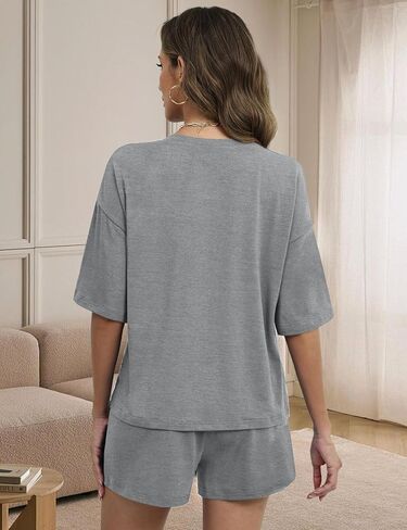 LOMON Two Piece Sets for Women Summer 3/4 Sleeve Tops and Elastic Waist Shorts Pajamas Cute Comfy Soft Lounge Striped Pjs in Kuwait