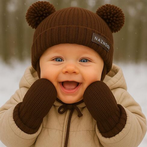 Knitted Colorful Double Pom-Pom Baby Hat and Mittens Set|Warm Winter Newborn Essentials for Boys and Girls 0-6 Months in Saudi Arabia