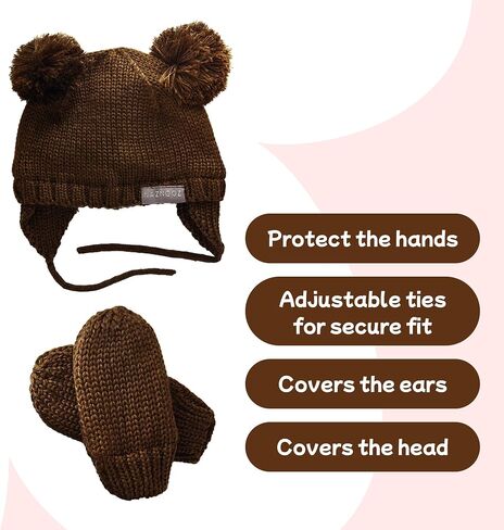 Knitted Colorful Double Pom-Pom Baby Hat and Mittens Set|Warm Winter Newborn Essentials for Boys and Girls 0-6 Months in Saudi Arabia