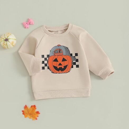 Toddler Baby Boy Halloween Outfit Pumpkin Ghost Print Crew Neck Sweatshirt Long Sleeve Fall Winter Pullover Tops in Saudi Arabia