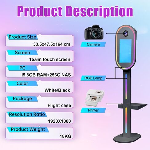 كشك صور بمرآة سحرية، شاشة تعمل باللمس مقاس 15.6 بوصة، آلة كشك صور DSLR، جهاز كمبيوتر صغير مدمج، ضوء RGB للتحكم عن بعد في التطبيقات لحفلات الزفاف والحفلات والمناسبات (أبيض) in Kuwait