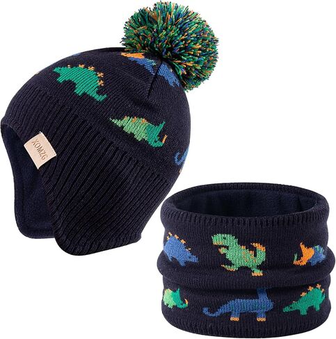 Beanie Knit Hats for Toddlers with Earflap Fleece Lined Hat Kids Warm Winter Hat Scarf Set Children's Thick Ski Cap in Kuwait