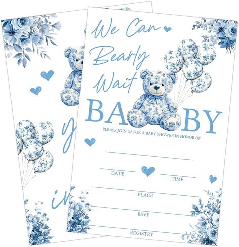 SIXEIGHT Blue We Can Bearly Waiting دعوات استحمام الطفل، دعوات حفلات استحمام الطفل على شكل دب للأولاد والبنات، 25 حزمة دعوات على الوجهين مع مغلفات، وديكورات لوازم الحفلات التي تكشف عن الجنس-A07 in Kuwait