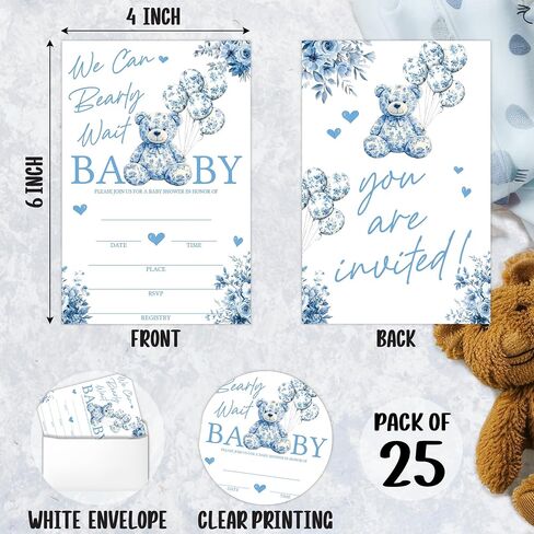 SIXEIGHT Blue We Can Bearly Waiting دعوات استحمام الطفل، دعوات حفلات استحمام الطفل على شكل دب للأولاد والبنات، 25 حزمة دعوات على الوجهين مع مغلفات، وديكورات لوازم الحفلات التي تكشف عن الجنس-A07 in Kuwait