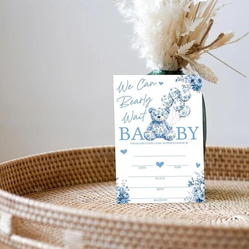 SIXEIGHT Blue We Can Bearly Waiting دعوات استحمام الطفل، دعوات حفلات استحمام الطفل على شكل دب للأولاد والبنات، 25 حزمة دعوات على الوجهين مع مغلفات، وديكورات لوازم الحفلات التي تكشف عن الجنس-A07 in Kuwait