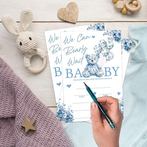 SIXEIGHT Blue We Can Bearly Waiting دعوات استحمام الطفل، دعوات حفلات استحمام الطفل على شكل دب للأولاد والبنات، 25 حزمة دعوات على الوجهين مع مغلفات، وديكورات لوازم الحفلات التي تكشف عن الجنس-A07 in Kuwait