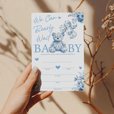 SIXEIGHT Blue We Can Bearly Waiting دعوات استحمام الطفل، دعوات حفلات استحمام الطفل على شكل دب للأولاد والبنات، 25 حزمة دعوات على الوجهين مع مغلفات، وديكورات لوازم الحفلات التي تكشف عن الجنس-A07 in Kuwait