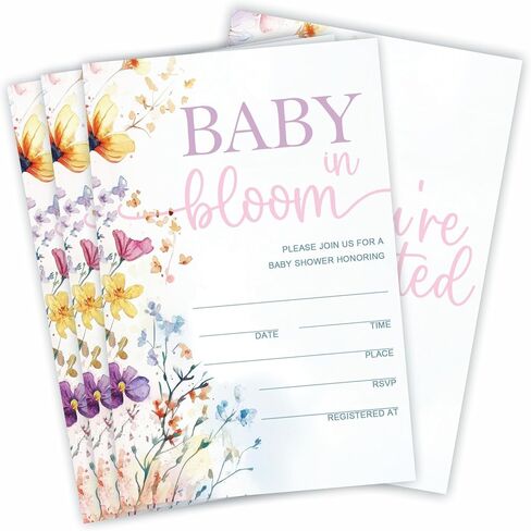 Baby In Bloom! Baby Shower Invitations, 15 Double-Sided Fill In Watercolor Floral Invites With Envelope For Boy Or Girl, Gender Reveal Games, Decoration, Party Favor - A118 in Saudi Arabia