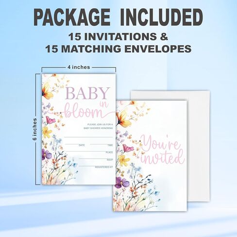 Baby In Bloom! Baby Shower Invitations, 15 Double-Sided Fill In Watercolor Floral Invites With Envelope For Boy Or Girl, Gender Reveal Games, Decoration, Party Favor - A118 in Saudi Arabia