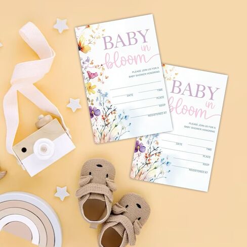 Baby In Bloom! Baby Shower Invitations, 15 Double-Sided Fill In Watercolor Floral Invites With Envelope For Boy Or Girl, Gender Reveal Games, Decoration, Party Favor - A118 in Saudi Arabia