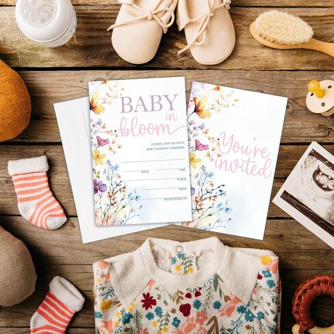 Baby In Bloom! Baby Shower Invitations, 15 Double-Sided Fill In Watercolor Floral Invites With Envelope For Boy Or Girl, Gender Reveal Games, Decoration, Party Favor - A118 in Saudi Arabia