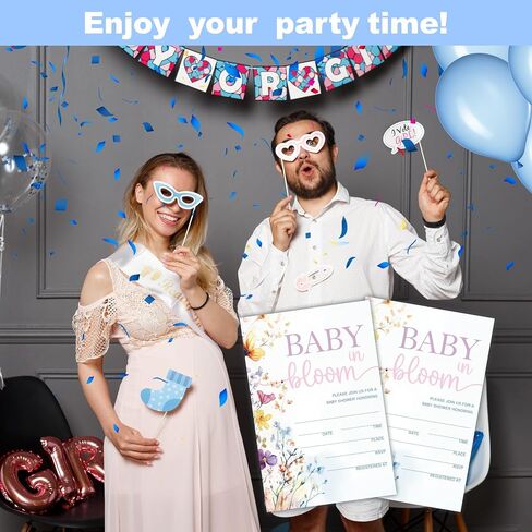 Baby In Bloom! Baby Shower Invitations, 15 Double-Sided Fill In Watercolor Floral Invites With Envelope For Boy Or Girl, Gender Reveal Games, Decoration, Party Favor - A118 in Saudi Arabia