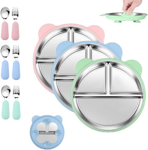 6 Pcs Stainless Steel Toddler Plates with Spoons & Forks, Silicone Suction Baby Plates, Stainless Steel Kids Plates, Baby Feeding Set in Saudi Arabia