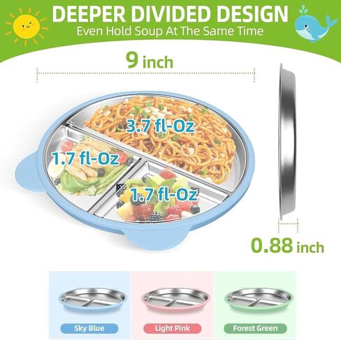 6 Pcs Stainless Steel Toddler Plates with Spoons & Forks, Silicone Suction Baby Plates, Stainless Steel Kids Plates, Baby Feeding Set in Saudi Arabia