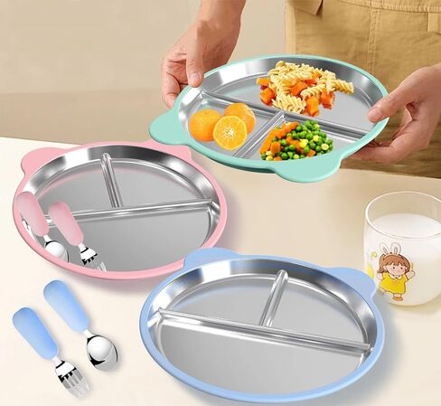 6 Pcs Stainless Steel Toddler Plates with Spoons & Forks, Silicone Suction Baby Plates, Stainless Steel Kids Plates, Baby Feeding Set in Saudi Arabia