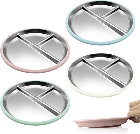 Stainless Steel Kids Plates with Suction (4 Pack, Multicolor) –9 Inch Divided Toddler Plates with Extra-Large One-Piece Silicone Suction Base | Dinner & Snack Plates | BPA-Free in Saudi Arabia