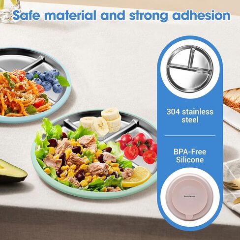 Stainless Steel Kids Plates with Suction (4 Pack, Multicolor) –9 Inch Divided Toddler Plates with Extra-Large One-Piece Silicone Suction Base | Dinner & Snack Plates | BPA-Free in Saudi Arabia