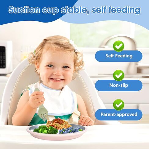Stainless Steel Kids Plates with Suction (4 Pack, Multicolor) –9 Inch Divided Toddler Plates with Extra-Large One-Piece Silicone Suction Base | Dinner & Snack Plates | BPA-Free in Saudi Arabia