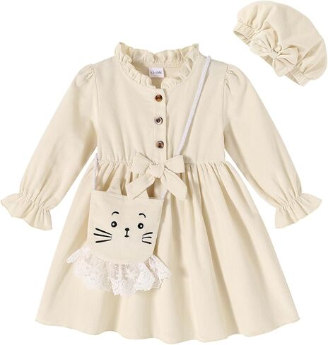 Happy Town Toddler Fall Dress Baby Girls Long Sleeve Bowknot Dresses Kids Winter Casual Outfits with Hat and Bag in Saudi Arabia