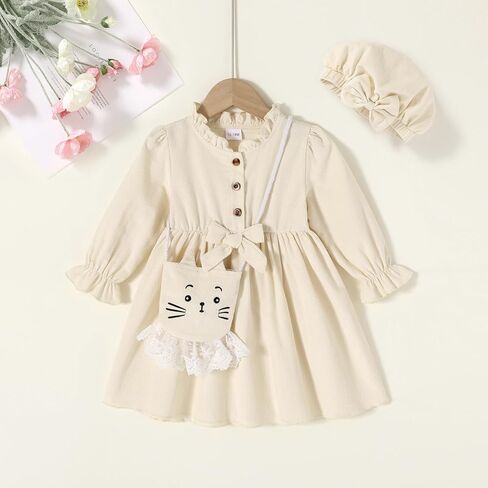 Happy Town Toddler Fall Dress Baby Girls Long Sleeve Bowknot Dresses Kids Winter Casual Outfits with Hat and Bag in Saudi Arabia