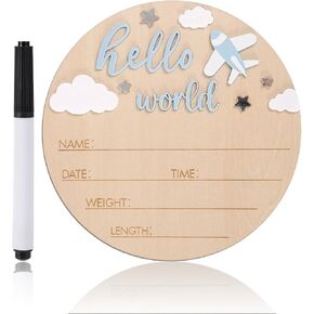 لافتة ترحيب لحديثي الولادة من Hello World، مقاس 5.9 بوصة من خشب الزيزفون الدائرية، لافتات ترحيب بحديثي الولادة مع قلم كتابة لوحة ميلاد اسم الطفل لديكور منزل الحضانة in Kuwait