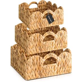 Elegant Scalloped Wicker Basket Set with Handles - Set of 3 | Handwoven Water Hyacinth Baskets for Nursery, Bathroom, Living Room Decor, Scalloped Edge Basket Shelf Decorative (Water Hyacinth) in Saudi Arabia
