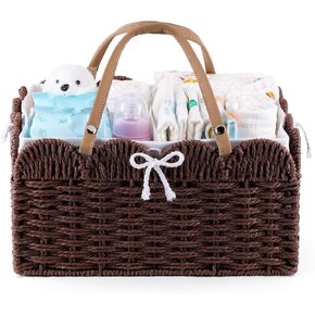 Baby Diaper Caddy Organizer, Woven Wicker Paper Rope Storage Basket with Cotton Divider, Portable Large Nursery Bin Scalloped Diaper Caddy Newborn Essetials Must Haves, Baby Shower Gifts in Saudi Arabia
