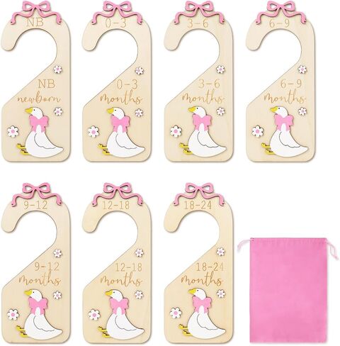 7Pcs Goose Wood Baby Closet Size Dividers with Storage Bag Pink Bow Goose Hanging Closet Organizer Newborn to 24 Month Infant Wardrobe Organizer for Home Nursery in Saudi Arabia