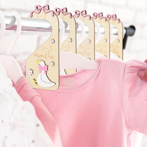7Pcs Goose Wood Baby Closet Size Dividers with Storage Bag Pink Bow Goose Hanging Closet Organizer Newborn to 24 Month Infant Wardrobe Organizer for Home Nursery in Saudi Arabia