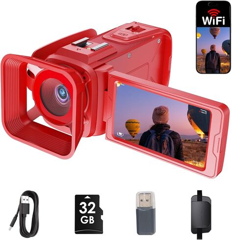 4K Video Camera Camcorder 64MP WiFi for YouTube Vlogging, 18X Digital Zoom 3" 270° Flip Screen, with 32GB SD Card & Card Reader, Built-in 2500mAh Battery (Purple) in Kuwait