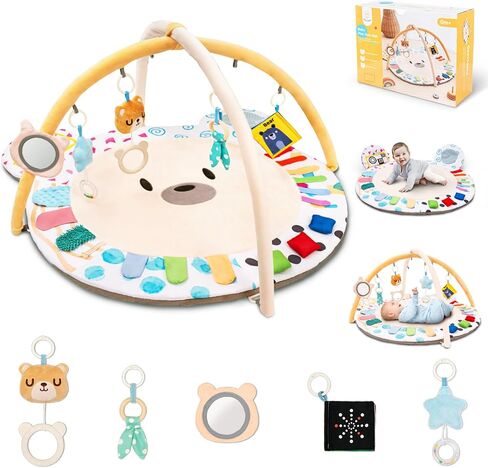 Baby Play Gym, Thickened and Non Slip Activity Mat, 5 Developmental Zones Tummy Time Mat with 5 Detachable Sensory Toys for Motor Skills, Baby Essentials Shower Gift Box(Bear) in Saudi Arabia
