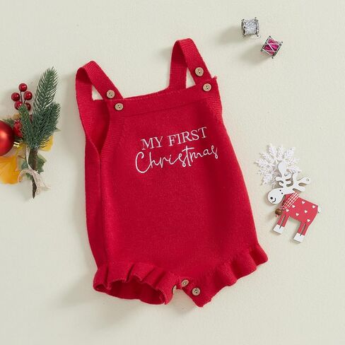 بدلة عيد الميلاد للفتيات حديثي الولادة منسوجة من My First Christmas Romper بدون أكمام سترة محبوكة بشكل عام in Saudi Arabia