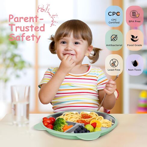 4 Pack Stainless Steel Toddler Plates Silicone Suction, 9'' Baby Plates Non Slip, Divided Portion, Food-Grade Silicone Plate for Kids, LEAD-FREE Dishwasher Safe, BPA-Free Toddler Snack Containers in Saudi Arabia