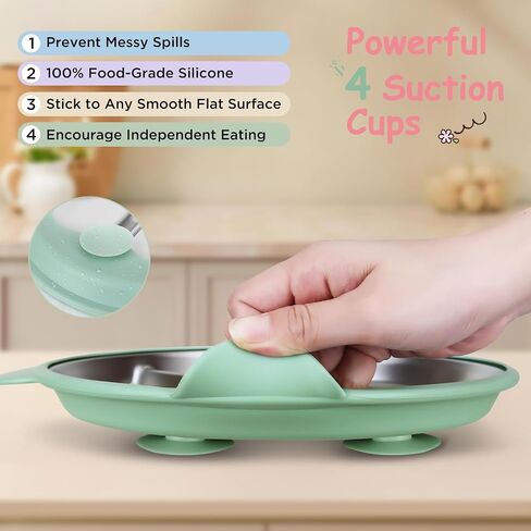 4 Pack Stainless Steel Toddler Plates Silicone Suction, 9'' Baby Plates Non Slip, Divided Portion, Food-Grade Silicone Plate for Kids, LEAD-FREE Dishwasher Safe, BPA-Free Toddler Snack Containers in Saudi Arabia