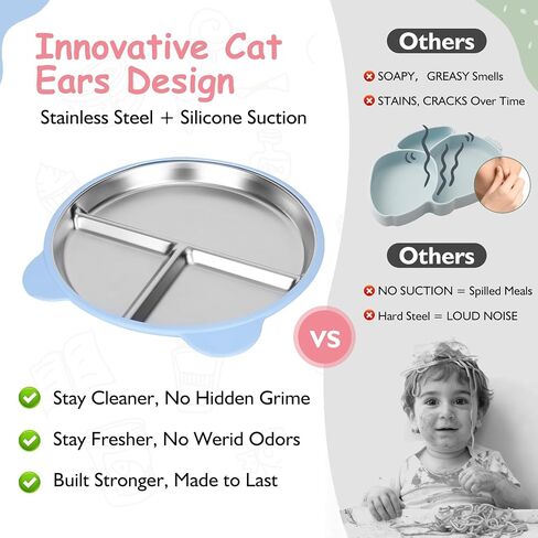 4 Pack Stainless Steel Toddler Plates Silicone Suction, 9'' Baby Plates Non Slip, Divided Portion, Food-Grade Silicone Plate for Kids, LEAD-FREE Dishwasher Safe, BPA-Free Toddler Snack Containers in Saudi Arabia