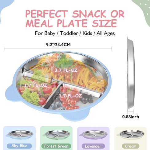 4 Pack Stainless Steel Toddler Plates Silicone Suction, 9'' Baby Plates Non Slip, Divided Portion, Food-Grade Silicone Plate for Kids, LEAD-FREE Dishwasher Safe, BPA-Free Toddler Snack Containers in Saudi Arabia