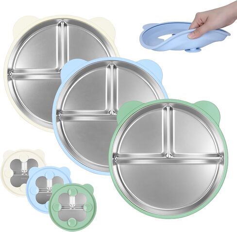 4 Pack Stainless Steel Toddler Plates Silicone Suction, 9'' Baby Plates Non Slip, Divided Portion, Food-Grade Silicone Plate for Kids, LEAD-FREE Dishwasher Safe, BPA-Free Toddler Snack Containers in Saudi Arabia