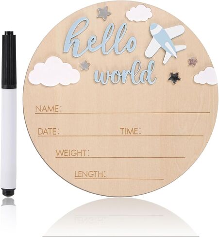 Hello World Newborn Sign, 5.9in Round Basswood Newborn Welcome Signs with Writing Pen Baby Name Birth Board Plaque for Nursery Home Decor in Saudi Arabia