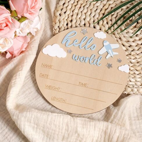 Hello World Newborn Sign, 5.9in Round Basswood Newborn Welcome Signs with Writing Pen Baby Name Birth Board Plaque for Nursery Home Decor in Saudi Arabia