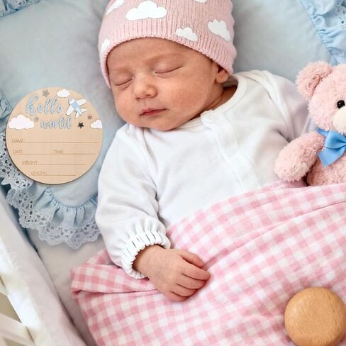Hello World Newborn Sign, 5.9in Round Basswood Newborn Welcome Signs with Writing Pen Baby Name Birth Board Plaque for Nursery Home Decor in Saudi Arabia