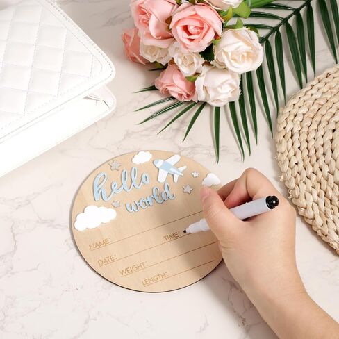 Hello World Newborn Sign, 5.9in Round Basswood Newborn Welcome Signs with Writing Pen Baby Name Birth Board Plaque for Nursery Home Decor in Saudi Arabia