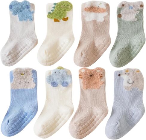 Baby Non Slip Grip Crew Socks Cute with Non Skid Soles for Infants Toddlers Boys Cotton Socks Girls 8 Pairs in Saudi Arabia