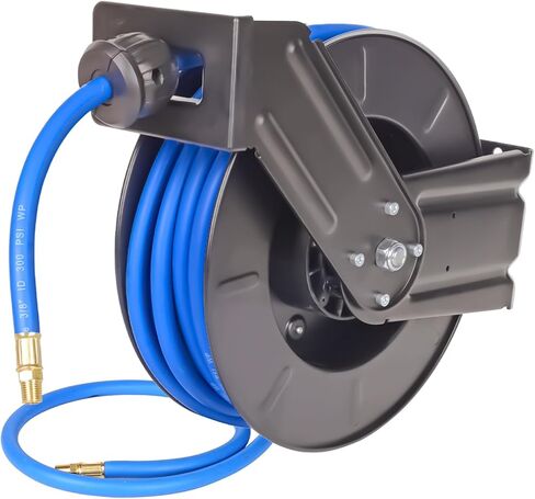 بكرة خرطوم هواء شديدة التحمل قابلة للسحب، خرطوم هواء هجين 3/8 بوصة × 50 قدم، بكرة خرطوم ضاغط هواء بحد أقصى 300 رطل لكل بوصة مربعة مع ترجيع تلقائي، بكرة فولاذية ممتازة للتثبيت على السقف/الجدار وذراع واحد لورشة المرآب in Kuwait