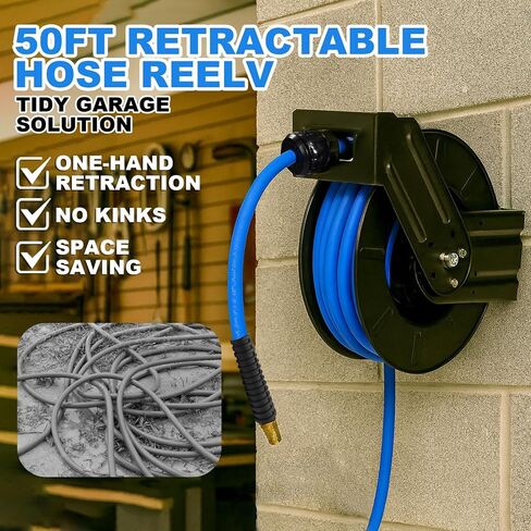 Heavy Duty Retractable Air Hose Reel, 3/8 IN x 50 FT Hybrid Air Hose, Max 300PSI Air Compressor Hose Reel with Auto Rewind, Ceiling/Wall Mount Single Arm Premium Steel Reel for Garage Workshop in Saudi Arabia