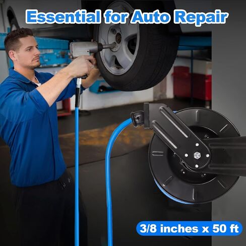 Heavy Duty Retractable Air Hose Reel, 3/8 IN x 50 FT Hybrid Air Hose, Max 300PSI Air Compressor Hose Reel with Auto Rewind, Ceiling/Wall Mount Single Arm Premium Steel Reel for Garage Workshop in Saudi Arabia