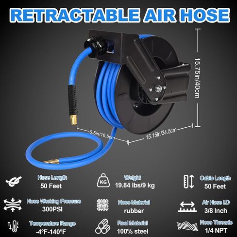 Heavy Duty Retractable Air Hose Reel, 3/8 IN x 50 FT Hybrid Air Hose, Max 300PSI Air Compressor Hose Reel with Auto Rewind, Ceiling/Wall Mount Single Arm Premium Steel Reel for Garage Workshop in Saudi Arabia